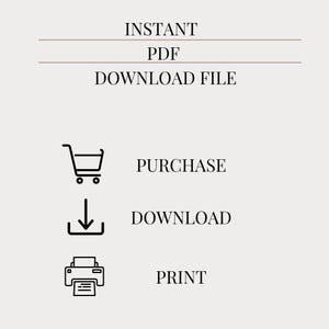 May include: A graphic showing the steps to purchase and download a digital PDF file. The steps are: purchase, download, and print. The graphic includes icons for a shopping cart, a download arrow, and a printer.