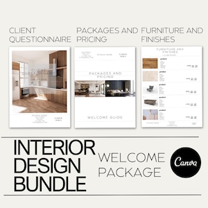 Interior Design Welcome Guide Template, Client Onboarding Form, Furniture and Finishes, Client Questionnaire, Packages and Pricing Guide