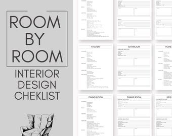 May include: A printable PDF interior design checklist featuring black text on a white background. The document includes organized sections for various rooms like the living room, kitchen, and bathroom, with checkboxes and lines for notes.