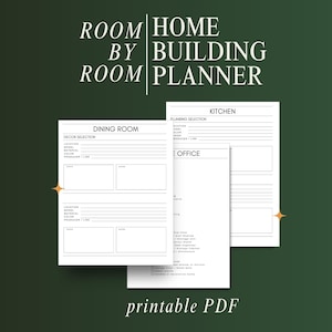 May include: A white printable PDF room planner with text that reads "ROOM HOME BY BUILDING ROOM PLANNER". The planner includes sections for the dining room, kitchen, and office, with areas for decor selection and plumbing selection.