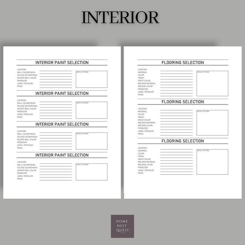 Puede incluir: Una lista de verificaci&oacute;n de planificaci&oacute;n de dise&ntilde;o de interiores imprimible con secciones para la selecci&oacute;n de pintura interior y la selecci&oacute;n de pisos. Cada secci&oacute;n incluye campos para la ubicaci&oacute;n, el material, el color, el acabado, el color de la lechada, el material de moldeo, el color de moldeo, el productor, los enlaces/minoristas y el precio.