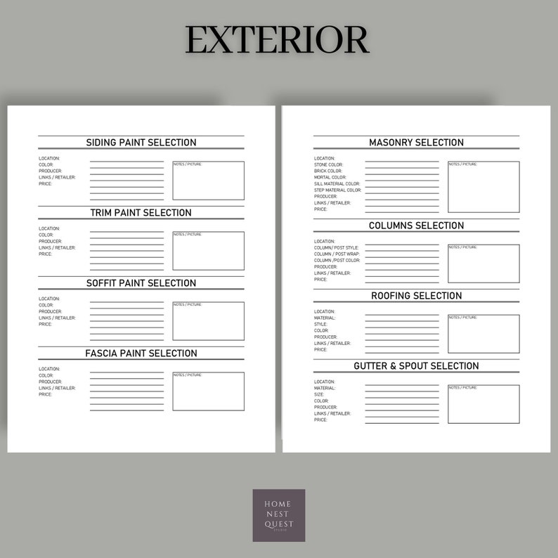Puede incluir: Una lista de verificaci&oacute;n imprimible para planificar renovaciones exteriores del hogar. La lista de verificaci&oacute;n incluye secciones para revestimiento, moldura, soffit, fascia, mamposter&iacute;a, columnas, techo y canaletas y bajantes. Cada secci&oacute;n tiene campos para ubicaci&oacute;n, color, productor, enlaces/minoristas y precio.