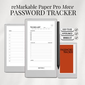 Pode incluir: Um rastreador de senhas digital e uma lista de tarefas em um tablet. O tablet exibe um design minimalista com as palavras "PASSWORD TRACKER" e "TO DO LIST". Uma caneta stylus está incluída. O texto "EASY TO USE", "HYPERLINKED" e "MINIMALIST" também é visível.