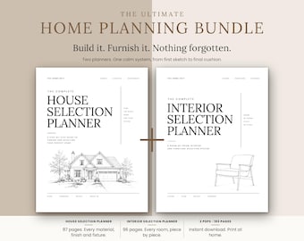 May include: The Ultimate Home Planning Bundle includes two digital planners: the House Selection Planner with a house sketch and the Interior Selection Planner with a chair sketch. Text includes titles, subtitles, and page counts of 87 and 96 pages.