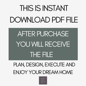 Puede incluir: Un rect&aacute;ngulo gris con texto blanco que dice "THIS IS INSTANT DOWNLOAD PDF FILE AFTER PURCHASE YOU WILL RECEIVE THE FILE PLAN, DESIGN, EXECUTE AND ENJOY YOUR DREAM HOME" con un peque&ntilde;o logotipo en la parte inferior que dice "HOME NEST QUEST".