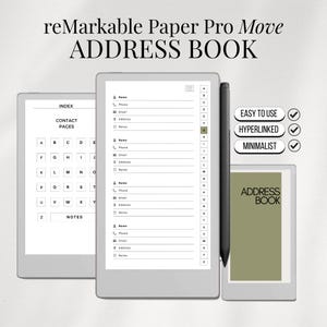 May include: A digital address book with the text "reMarkable Paper Pro Move ADDRESS BOOK." The image shows three tablets, one with an index, one with contact fields, and one with the words "ADDRESS BOOK." A stylus is included.