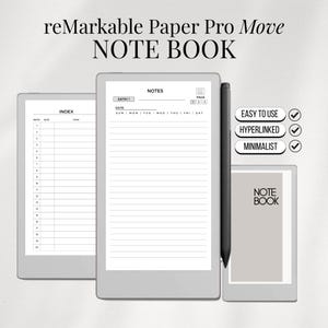 Op de afbeelding: Een digitale notebook met de tekst "reMarkable Paper Pro Move NOTE BOOK". De afbeelding toont drie tablets, één met een index, één met gelinieerd papier en een kleinere met de tekst "NOTE BOOK". Er is ook een stylus aanwezig.