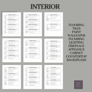 Puede incluir: Una lista de verificaci&oacute;n de dise&ntilde;o de interiores imprimible con secciones para pisos, azulejos, pintura, papel tapiz, plomer&iacute;a, iluminaci&oacute;n, chimenea, electrodom&eacute;sticos, gabinetes, encimera y salpicadero. La lista de verificaci&oacute;n se titula "Interior" y tiene las palabras "Home Nest Quest" en la parte inferior.