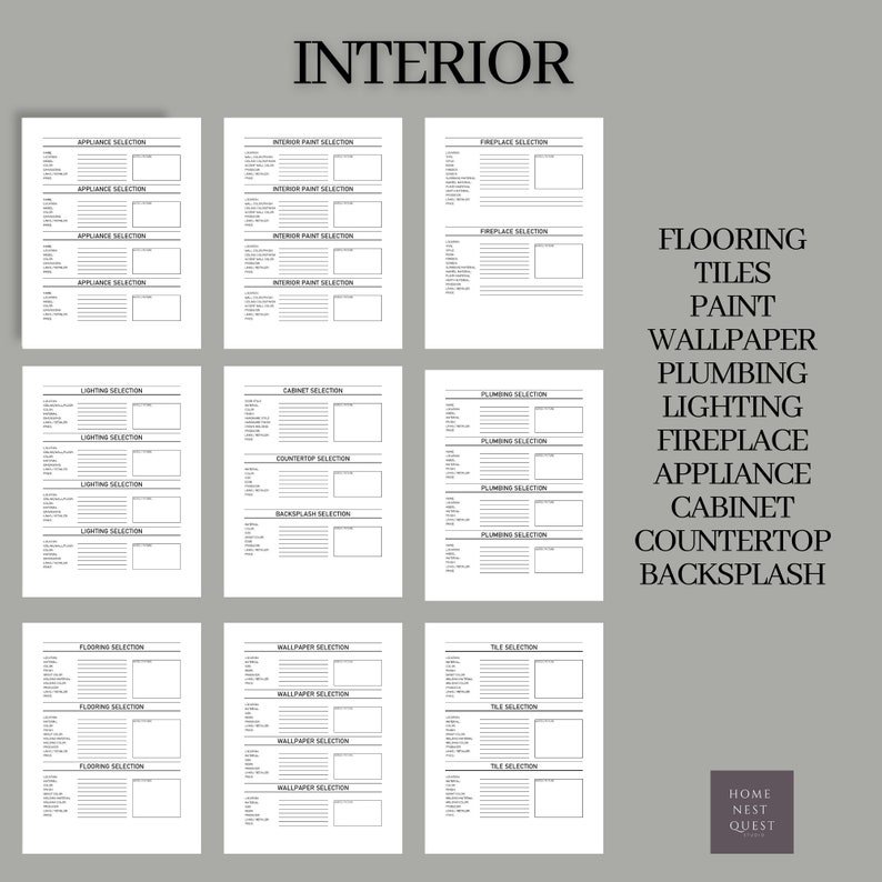Puede incluir: Una lista de verificaci&oacute;n de dise&ntilde;o de interiores imprimible con secciones para pisos, azulejos, pintura, papel tapiz, plomer&iacute;a, iluminaci&oacute;n, chimenea, electrodom&eacute;sticos, gabinetes, encimera y salpicadero. La lista de verificaci&oacute;n se titula "Interior" y tiene las palabras "Home Nest Quest" en la parte inferior.