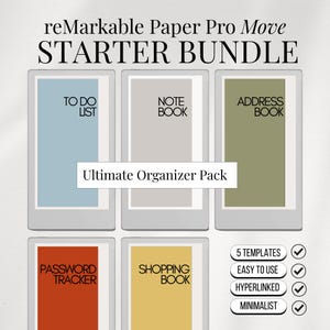 Pode incluir: Um pacote de organizador digital com o texto "reMarkable Paper Pro Move STARTER BUNDLE". A imagem exibe seis modelos digitais: Lista de tarefas, Caderno, Livro de endereços, Rastreador de senhas e Livro de compras. Inclui 5 modelos, fácil de usar, hiperlinks e minimalista.