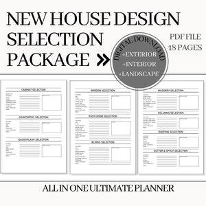 Puede incluir: Un paquete de selecci&oacute;n de dise&ntilde;o de casa imprimible en blanco y negro con 18 p&aacute;ginas. El paquete incluye selecciones para gabinetes, encimeras, salpicaduras, ventanas, puertas de patio, persianas, mamposter&iacute;a, columnas, techos y canaletas y bajantes. El texto "NEW HOUSE DESIGN SELECTION PACKAGE" est&aacute; en la parte superior de la p&aacute;gina. El texto "ALL IN ONE ULTIMATE PLANNER" est&aacute; en la parte inferior de la p&aacute;gina.