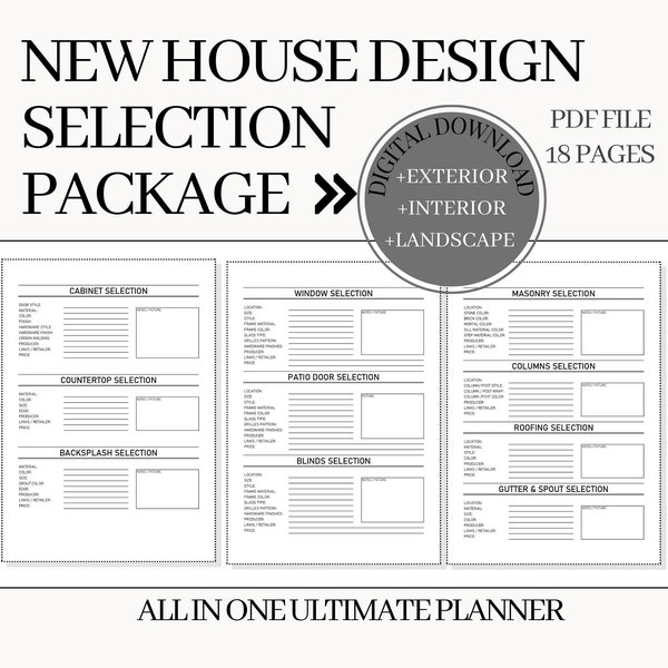 New Home Building Selection Package, New House Renovation Planner, Home Building Planner, House Building Checklist, House Design Selection