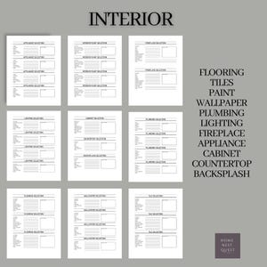 May include: A printable interior design checklist with sections for flooring, tiles, paint, wallpaper, plumbing, lighting, fireplace, appliances, cabinets, countertop, and backsplash. The checklist is titled "Interior" and has the text "Home Nest Quest" at the bottom.
