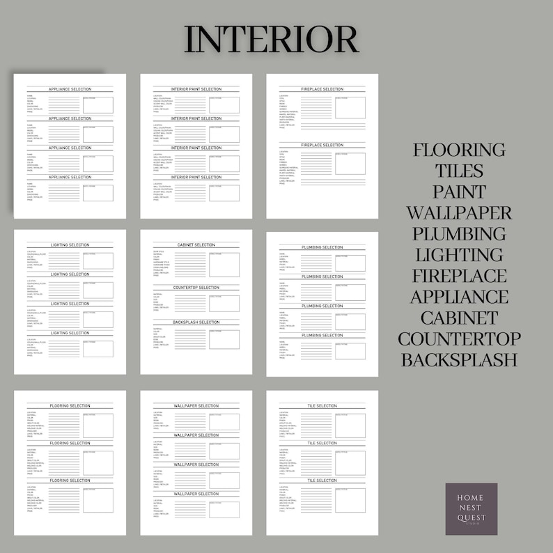 May include: A printable interior design checklist with sections for flooring, tiles, paint, wallpaper, plumbing, lighting, fireplace, appliances, cabinets, countertop, and backsplash. The checklist is titled "Interior" and has the text "Home Nest Quest" at the bottom.