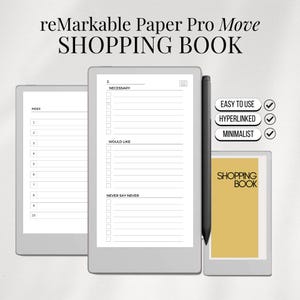 Könnte beinhalten: Ein digitales Einkaufsbuch mit dem Text "reMarkable Paper Pro Move SHOPPING BOOK". Das Bild zeigt drei digitale Tablets, eines mit einer Einkaufslistenvorlage und einem Stift. Der Text "EASY TO USE", "HYPERLINKED" und "MINIMALIST" ist ebenfalls sichtbar.