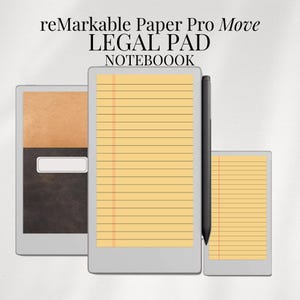 May include: Three digital notebooks with lined paper are displayed. The largest notebook has a stylus next to it. The notebooks are labeled "reMarkable Paper Pro Move LEGAL PAD NOTEBOOK". The notebooks have a yellow paper color.