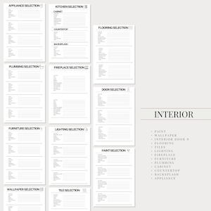May include: A printable interior design checklist with sections for appliance, kitchen, flooring, plumbing, fireplace, furniture, lighting, wallpaper, tile, door, and paint selections. The checklist includes a list of items to consider for each section, such as cabinet style, countertop material, and backsplash tile.