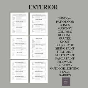 Puede incluir: Una lista de verificaci&oacute;n imprimible para planificar renovaciones exteriores de la casa. La lista de verificaci&oacute;n incluye categor&iacute;as para ventanas, puertas de patio, persianas, mamposter&iacute;a, columnas, techos, canaletas, bajantes, cubiertas, patios, revestimiento, molduras, soffits, fascias, pintura, acera, camino de entrada, iluminaci&oacute;n exterior, cercas y jardines.