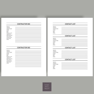 Puede incluir: Una plantilla imprimible de oferta de contratista y lista de contactos. La plantilla incluye secciones para el servicio, la empresa, el nombre del contacto, el tel&eacute;fono, el correo electr&oacute;nico, la web, el costo del material, el costo de la mano de obra, las tarifas de permisos, los costos totales, la fecha de inicio, la fecha de finalizaci&oacute;n y las notas.