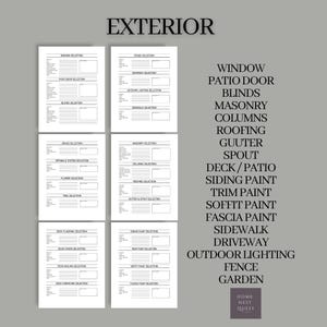 May include: A printable checklist for planning exterior home renovations. The checklist includes categories for windows, patio doors, blinds, masonry, columns, roofing, gutters, spouts, decks, patios, siding paint, trim paint, soffit paint, fascia paint, pavements, driveways, outdoor lighting, fences, and gardens.