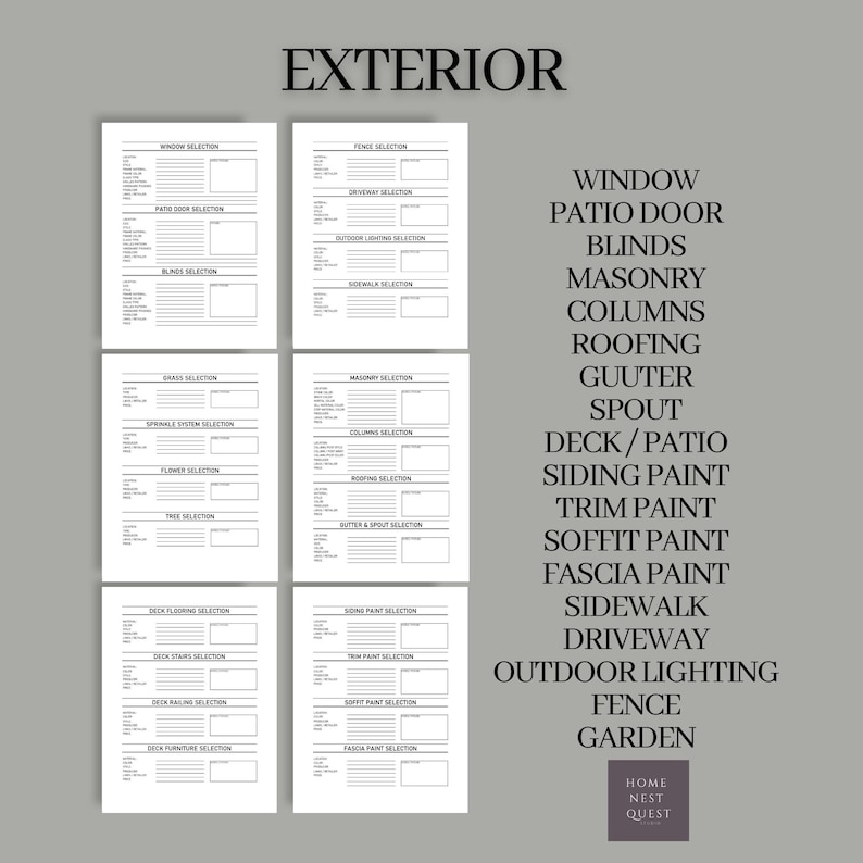 May include: A printable checklist for planning exterior home renovations. The checklist includes categories for windows, patio doors, blinds, masonry, columns, roofing, gutters, spouts, decks, patios, siding paint, trim paint, soffit paint, fascia paint, pavements, driveways, outdoor lighting, fences, and gardens.