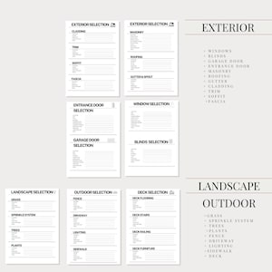 May include: A printable checklist for planning a home renovation project. The checklist is divided into sections for exterior, landscape, and outdoor features. The sections include items like windows, doors, roofing, landscaping, and deck features.