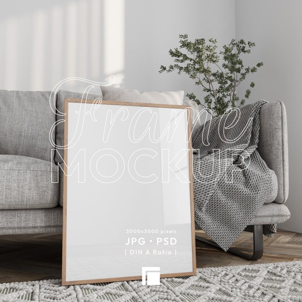 Interior Frame Mockup | Print Poster Living Room | Scandinavian Modern Vertical Wood A1 Frame | Apartment PSD Nordic Minimalistic Photoshop