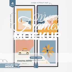 May include: A digital mockup featuring four rectangular black frames displaying coastal-themed illustrations. The artwork includes a person on a beach, ocean waves, a vintage car with a surfboard, and a palm tree. Text overlays include Multiple Frames MOCKUP.