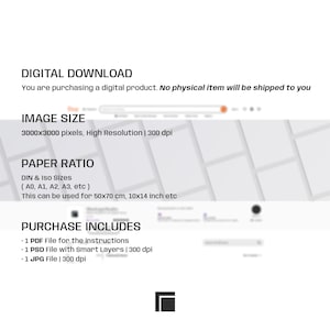 May include: A digital download product information graphic with black text on a white background. It lists specifications including a 3000x3000 pixel image size, DIN and ISO paper ratios, and includes one PDF instruction file, one PSD file with smart layers, and one JPG file.
