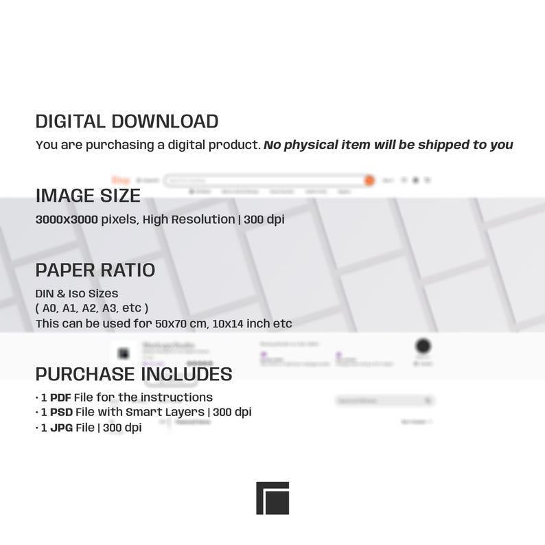 May include: A digital download product information graphic with black text on a white background. It lists specifications including a 3000x3000 pixel image size, DIN and ISO paper ratios, and includes one PDF instruction file, one PSD file with smart layers, and one JPG file.