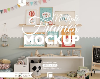 Nursery Frame Mockup Set: 6 Frames Mock Up, Kids Room Interior (JPG, PSD)
