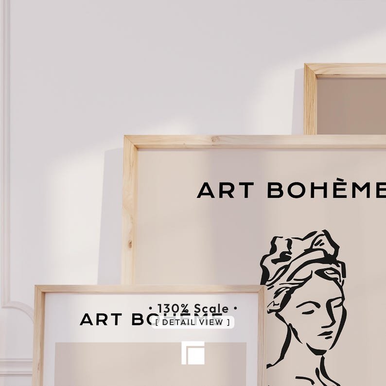 K&ouml;nnte beinhalten: Gerahmte Kunstdrucke mit den W&ouml;rtern "ART BOH&Egrave;ME" und "ART BO" in schwarzer Schrift. Die Drucke zeigen eine schwarze Strichzeichnung einer klassischen B&uuml;ste und den Text "130% Scale DETAIL VIEW". Die Rahmen sind aus hellem Holz.