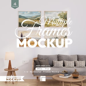 May include: A digital mockup featuring four rectangular wooden frames arranged in a grid on a wall, each displaying a landscape painting. The text "4 FRAMES", "Multiple Frames MOCKUP", "3000x3000 JPEG PSD", and "4 Horizontal Frames Mockup" is overlaid.