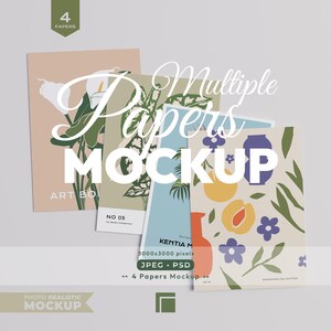 May include: A digital mockup set featuring four rectangular art prints with botanical and abstract illustrations in muted tones of peach, sage green, light blue, and cream, layered to display various graphic designs and text elements.