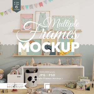 Set di mockup di cornici per cameretta dei bambini: 6 mockup di cornici, interni per cameretta dei bambini (JPG, PSD)