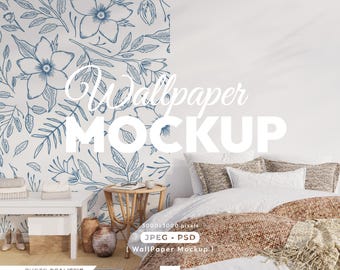 May include: A bedroom mockup featuring a white bed with a brown woven blanket and pillows. The wall on the left has a blue floral wallpaper design. The text "Wallpaper MOCKUP" is overlaid on the image.