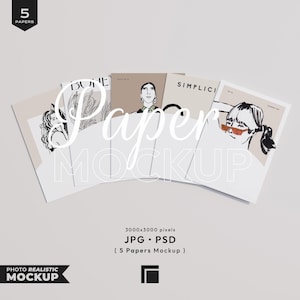 Maqueta de 5 papeles, maqueta de póster con impresión vertical, maqueta de papel en proporción DIN A, maqueta de varios papeles, maqueta de juego de 5 papeles, maqueta de papeles A4