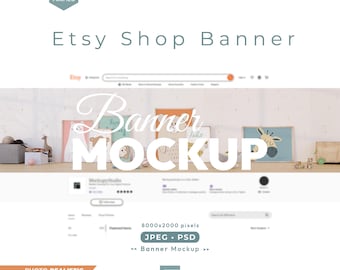 Etsy Nursery Shop Banner Mockup with Wooden Frames, Editable Banner Psd Template
