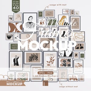 Peut inclure: Présentation murale de 40 cadres d'art de différentes tailles et styles. Les impressions présentent des illustrations abstraites au trait, des illustrations botaniques et des portraits aux tons neutres. L'image comprend le texte "Multiple Frames Mockup" et "Photo Realistic Mockup".