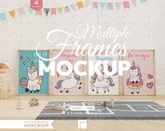Nursery, 4 Frames Mockup, Multiple Nursery Wall Art Psd Template, Wooden Frame