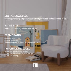 K&ouml;nnte beinhalten: Ein Bild eines digitalen Download-Produkts mit gerahmten Kunstdrucken mit K&uuml;stenmotiven. Der Text enth&auml;lt Details zu Bildgr&ouml;&szlig;e, Seitenverh&auml;ltnis und Kaufumfang. Ein wei&szlig;er Sessel und offene B&uuml;cher befinden sich im Vordergrund. Das Seitenverh&auml;ltnis ist f&uuml;r 50x70 cm geeignet.