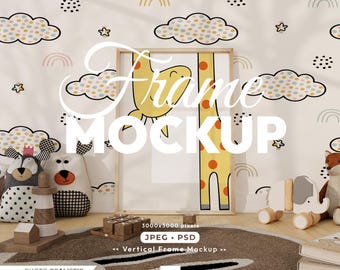 Nursery Vertical Frame  Mockup: Modern Kids Room Psd Template, Baby Room Poster