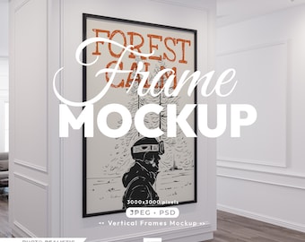May include: A framed art print with the text "FOREST CAMP" in a decorative font. The artwork features a black and white illustration of a person in a winter outfit and trees. The frame is black and the mockup is displayed in a white room.