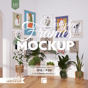 May include: A wall mockup featuring ten framed art prints with minimalist and art boheme designs. The frames are arranged on a white wall, with plants in woven baskets and pots in the foreground. The text "Multiple Frames Mockup" is overlaid on the image.