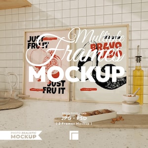 Kitchen 2 Frames Mockup, DIN Vertical Wooden Frames, Food Wall Art Template