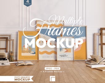 Plantilla PSD de marco de madera múltiple, maqueta de 4 marcos, conjunto de maquetas de marcos