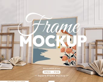 Square Frame Mockup: 1x1 Ratio Poster Psd Template, Wood Frame