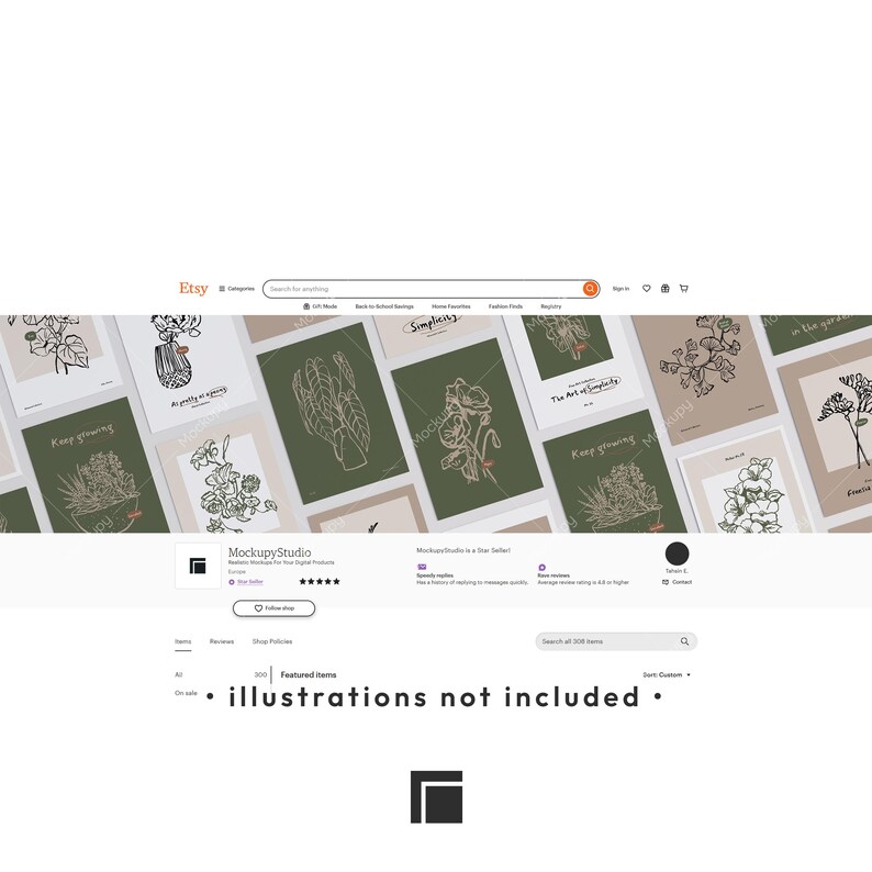 May include: A digital Etsy shop interface for MockupyStudio featuring a banner of various botanical line art prints in shades of green, beige, and white. The shop page displays shop information, a star seller badge, and the text illustrations not included.