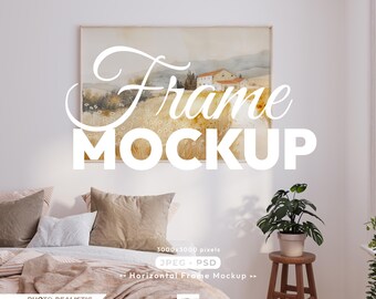 Horizontal Frame Mockup, Landscape Wooden Frame, Bedroom Poster Template