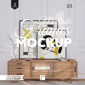 Square 2 Frames Mockup: 1x1 Ratio Poster Psd Template, Thin Black Frame